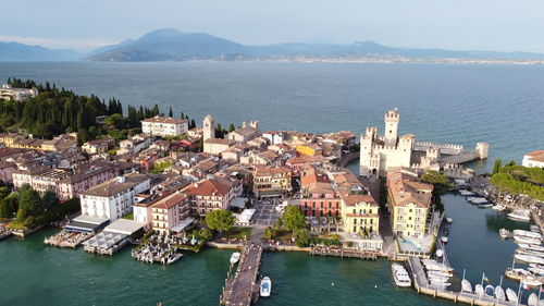 Sirmione view through dji mavic mini drone. garda lake. italy i love you. 