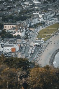 High angle view of street amidst buildings in town