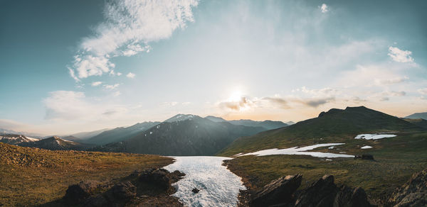 Scenic view of mountains against cloudy sky