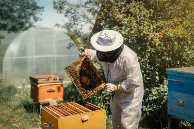 Low section of man standing by plants against trees