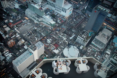 High angle view of modern buildings in city