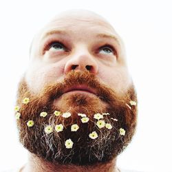 Close-up of serious man with flowers in beard against white background