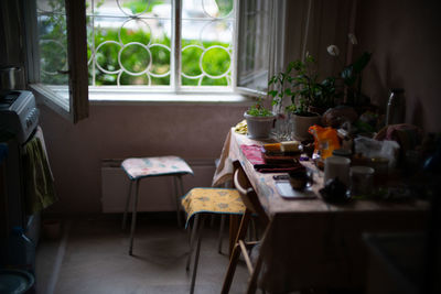 Empty chairs and tables in cafe