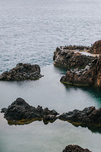 High angle view of rocks on beach against sky