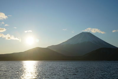 Scenic view of lake and mountains against sky