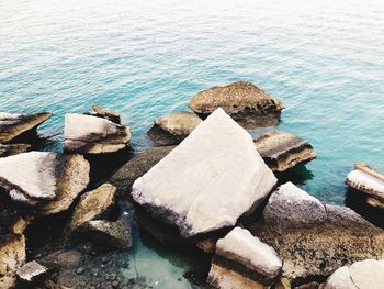 High angle view of rocks on beach