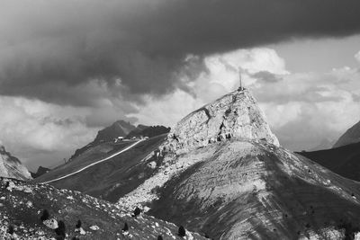 Scenic view of snowcapped mountain against cloudy sky