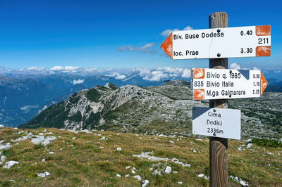 Asiago, italy indicative signs for hikers at cima dodici