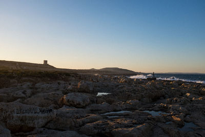 Scenic view of sea against clear sky at sunset