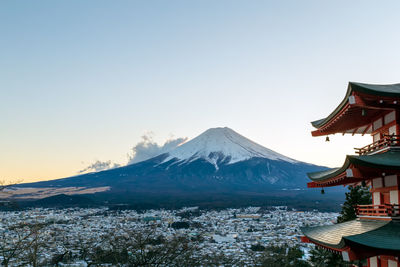 Scenic view of snowcapped mountain against clear sky