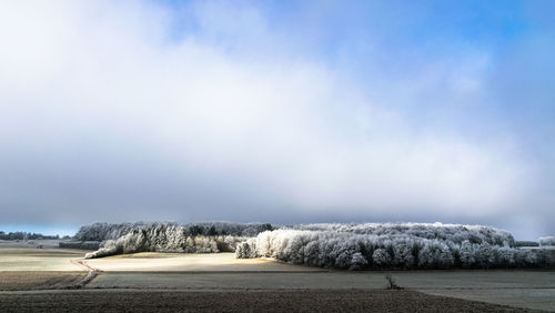 Scenic view of landscape against sky during winter