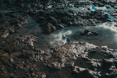 High angle view of rocks on sea shore