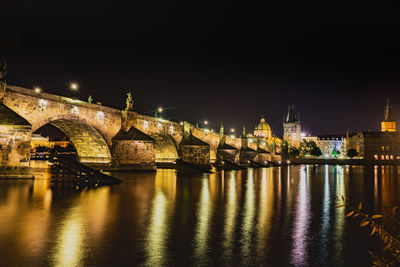 Illuminated bridge over river at night