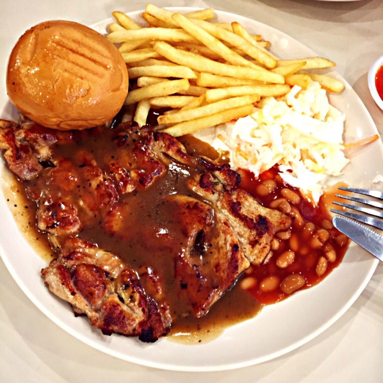 food and drink, food, freshness, indoors, ready-to-eat, plate, still life, meat, meal, close-up, serving size, healthy eating, high angle view, french fries, fried, indulgence, cooked, sauce, prepared potato