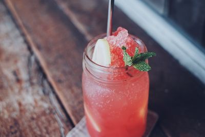 High angle view of drink on table