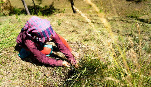 High angle view of girl on field