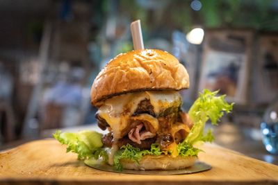 Close-up of burger on table