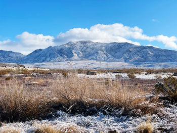 Scenic view of snowcapped mountains against sky