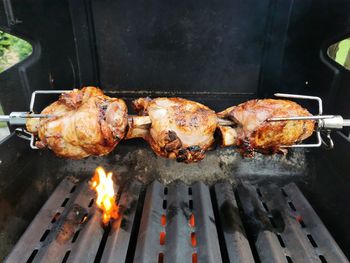 Close-up of meat on barbecue grill