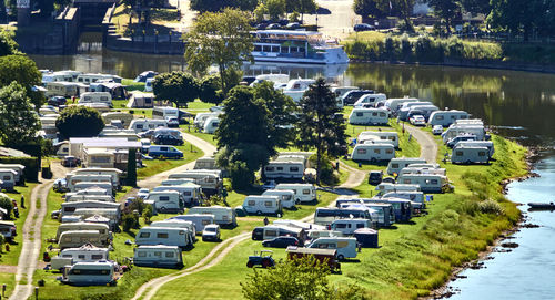 Aerial view of a site for caravans and mobile homes on the banks of the river weser