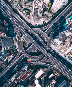 High angle view of modern buildings in city