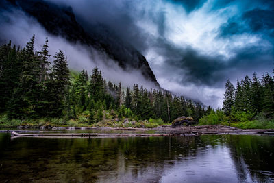 Scenic view of lake by trees against sky