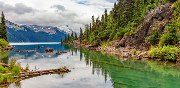 Scenic view of lake and mountains against sky