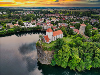 High angle view of townscape by sea