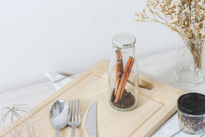 High angle view of jar on table