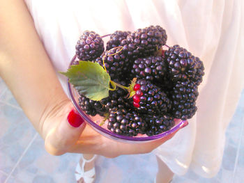 Midsection of woman holding strawberry