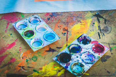 High angle view of palettes on table