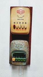 Close-up of telephone booth on wall