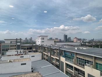 High angle view of buildings against sky