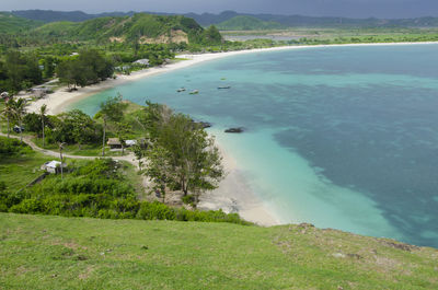 Scenic view of landscape by sea against sky