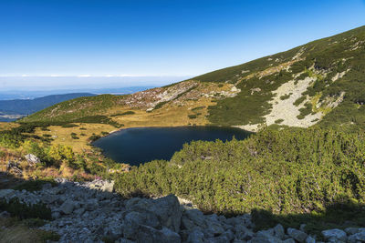 Scenic view of mountains against blue sky