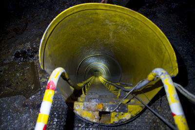 High angle view of ladder in mining tunnel