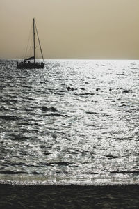 Sailboat sailing in sea against sky during sunset