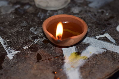 Close-up of lit tea light candle