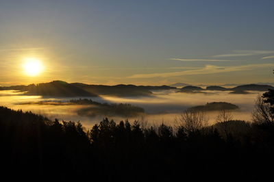 Scenic view of silhouette mountains against sky during sunset