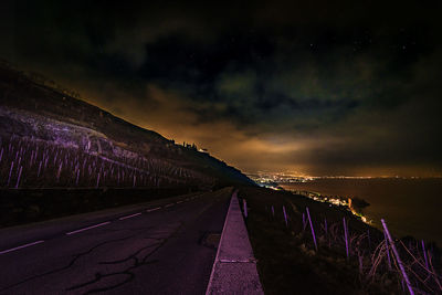 Panoramic view of illuminated field against sky at night