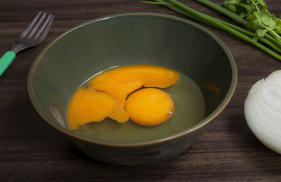 High angle view of food in bowl on table