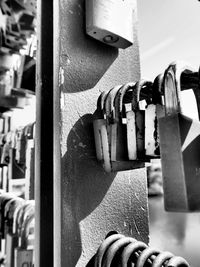 Close-up of padlocks on metal