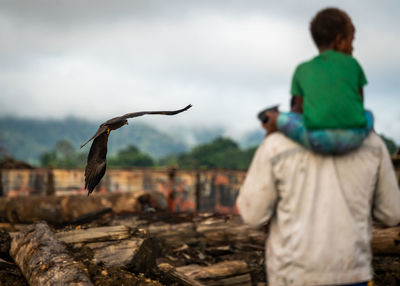 Rear view of man and birds flying against sky