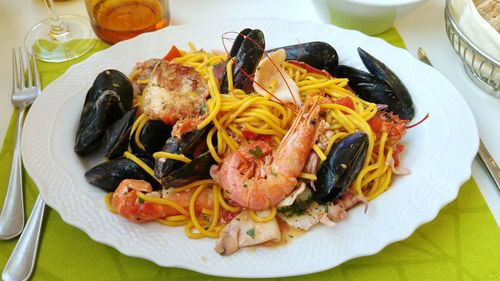 High angle view of food in plate on table