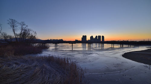 Scenic view of sea against clear sky during sunset