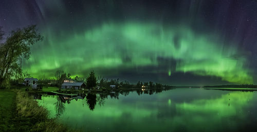 Panorama of the northern lights above the lake