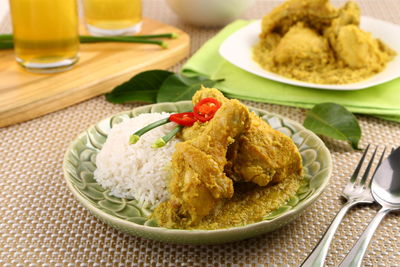 Close-up of meal served on table