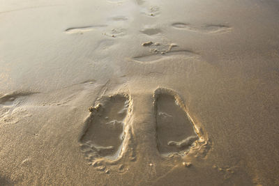 High angle view of footprints on sand at beach