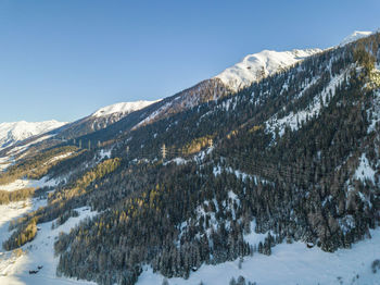 Scenic view of snowcapped mountains against clear sky