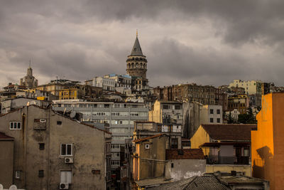 Buildings in city against cloudy sky